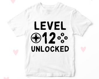 Camiseta de cumpleaños de nivel 12, traje de fiesta de regalos para niña y niño de 12º cumpleaños