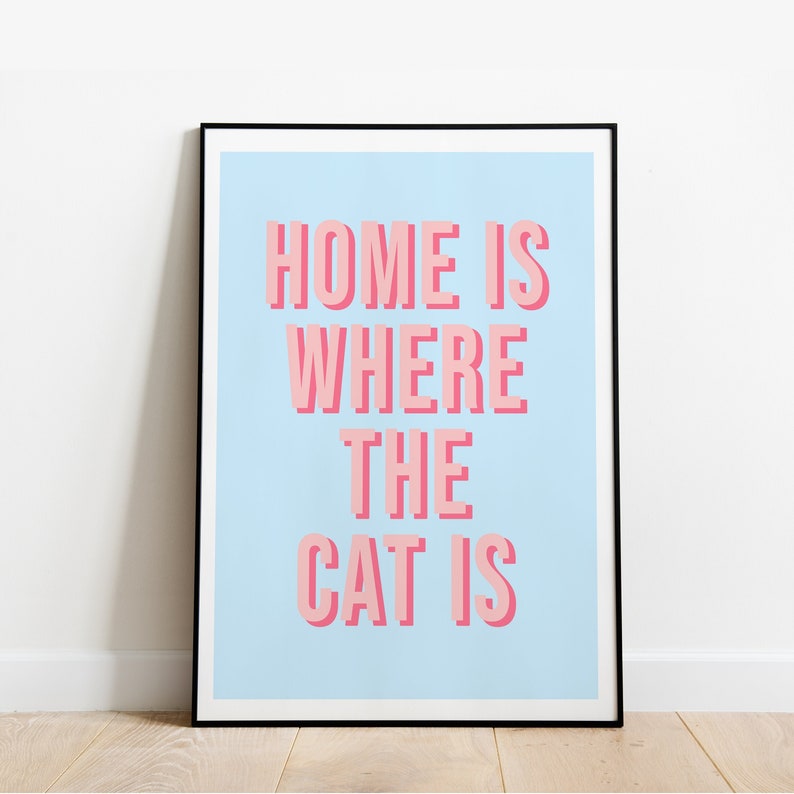 Cat Home Wall Print: Pink & Blue Decor image 1