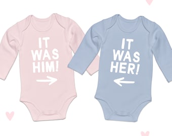 Ensemble body pour bébé jumeau : « C'était lui ! « Elle ! », ensemble en coton à manches longues