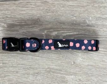Navy Blue & Pink Dog Collar - matching poo bag holder