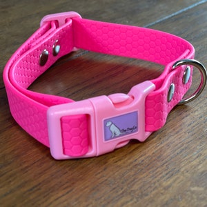 May include: Pink dog collar with a honeycomb pattern and a silver buckle. The buckle has a small white dog logo with the text "The Dog Co."