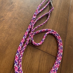 May include: A pink, white and purple braided dog lead with two metal clips.