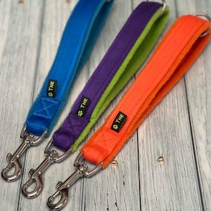 May include: Three dog leads in different colours: blue, purple, and orange. Each lead has a contrasting colour on the underside and a silver clip. The leads have a small tag with the word "THE" and a paw print.