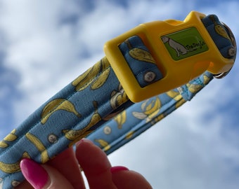 Banana Print Dog Collar: Yellow & Blue Clip, Matching Lead Available