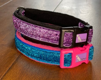 Glitter Fleece-Lined Clip Dog Collar, Sparkle Dazzle, 1 Inch Width, Handmade Comfort