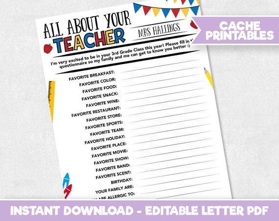 Printable All About Teacher Survey Editable Back To School Etsy