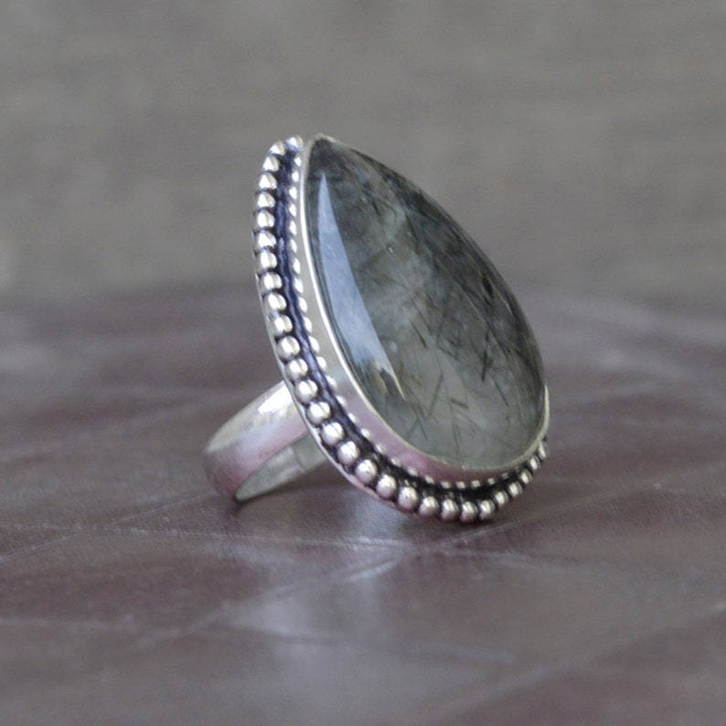 Black Rutile ring Natural Tourmalinated Quartz Gemstone Ring 14K Yellow Gold 925 sterling silver Ring Rose Gold Fill Jewelry