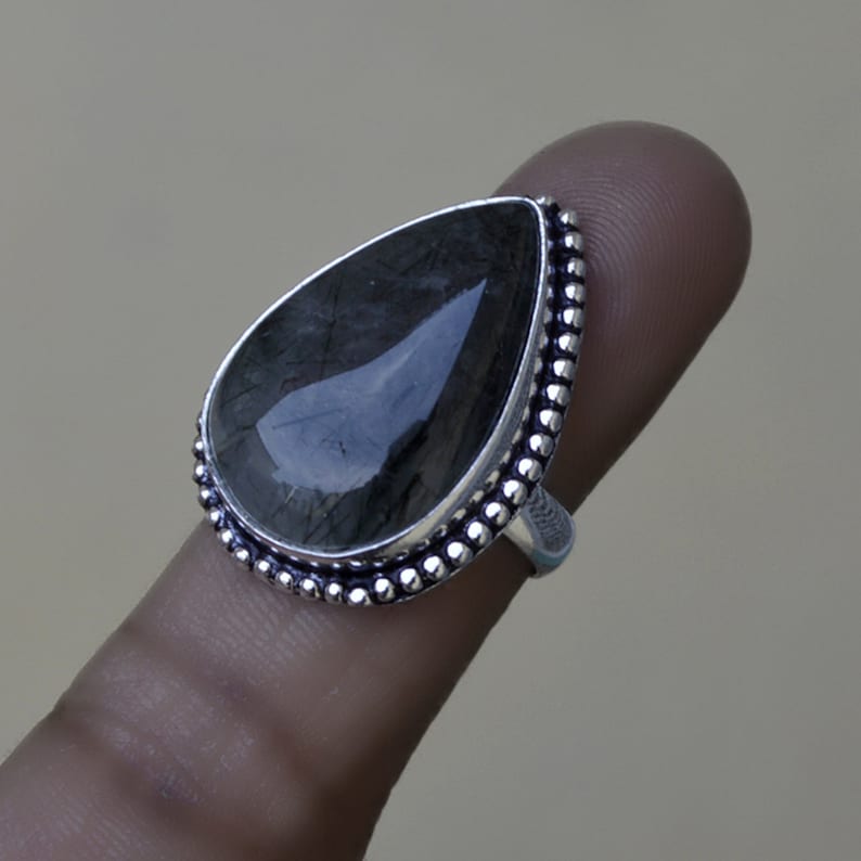 Black Rutile ring Natural Tourmalinated Quartz Gemstone Ring 14K Yellow Gold 925 sterling silver Ring Rose Gold Fill Jewelry
