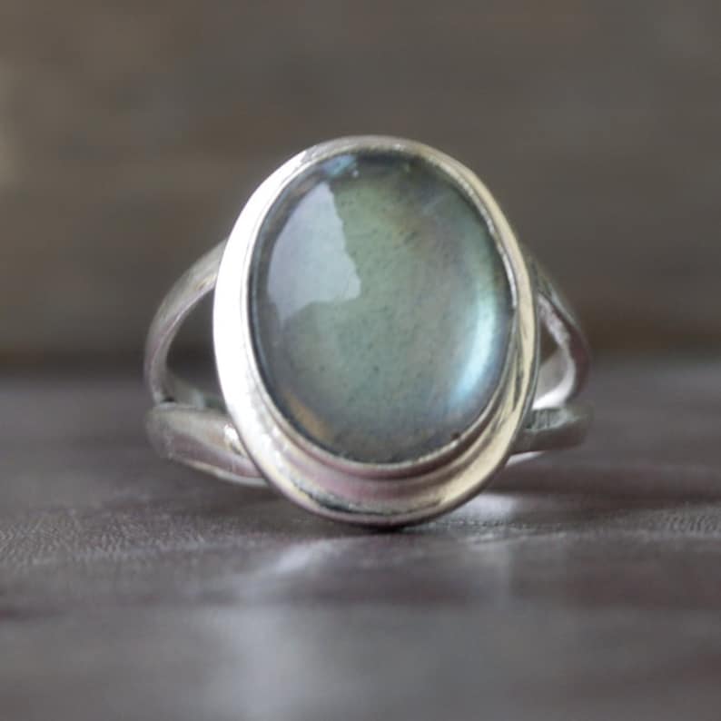 size 6 Oval Labradorite Gemstone Gold Plated Sterling Silver Statement Ring