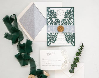 Beautiful Green Wedding Stationery Set, Wedding Invitations, Greenery Wedding, RSVP Included, Envelope Liner, Wax Seal