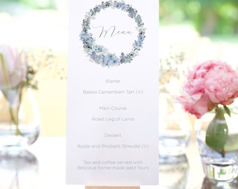 Blauwe gepersonaliseerde trouwmenu's | DL-groottemenu's | Gepersonaliseerde trouwmenu's voor trouwtafels | Tafeldecoraties voor bruiloften | Bruiloft decoratie