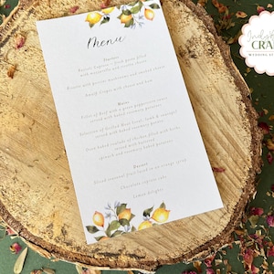 Tarjetas de menú de boda con limón, diseño mediterráneo de acuarela de limón, menús impresos personalizados para bodas de destino o celebraciones de verano