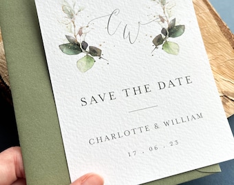 Save the date wedding invitation, sage green envelope, delicate leaves design, matching stationery available