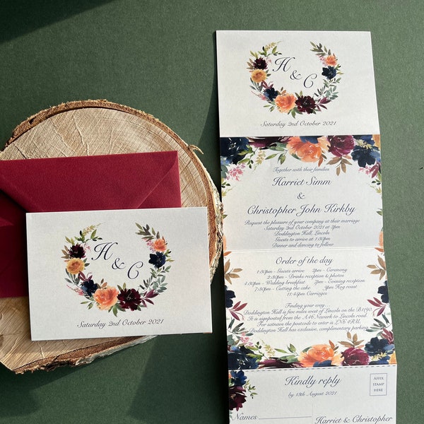 Herbstliche Ziehharmonika-Hochzeitseinladung, Z-Falz-Hochzeitsbriefpapier, Antwort enthalten, benutzerdefinierte Hochzeitseinladungen