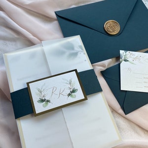 Wedding Invitation Set with Green and Gold, Vellum Wrap Wedding Invitations, Greenery Wedding, RSVP Included