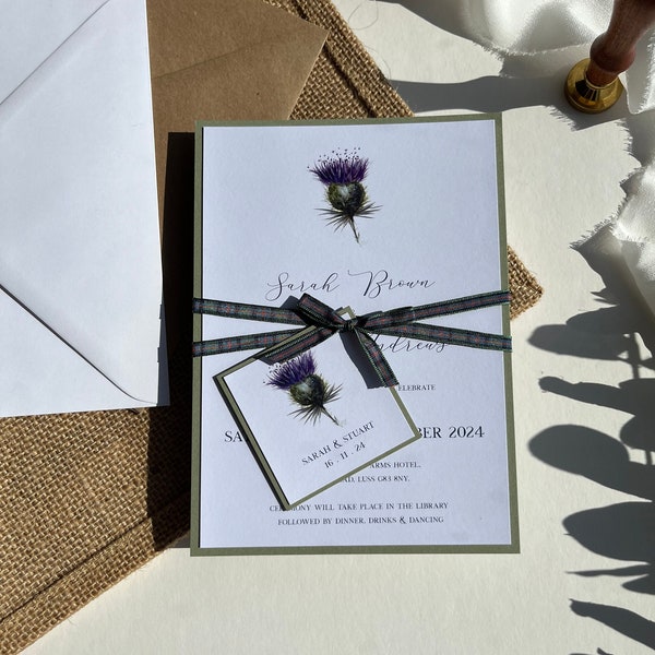 Minimal Thistle Wedding Invitation Set | Rustic Sage Green Backing | Tartan Ribbon & Thistle Tag | Scottish Wedding