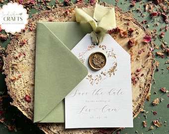 Wildflower Wreath Save the Date, Sage Green Wedding, Wax Seal Wedding Invites, Wedding Stationery, Save the Evening