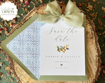 Lemon and Sage Green Save the Date Card, Mediterranean Tile Liner, Destination Wedding in Italy, Custom Handcrafted Wedding Stationery