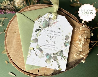 Sage Green Save the Date with Silk Ribbon, Greenery Wedding Invite, Green Leaves Save the Date, Sage Green Theme Wedding, Rustic Wedding