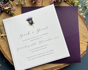 Flower of Scotland Thistle Wedding Invitation Set,  Wedding Stationery,  Scottish Wedding Invites, Square Pocket Invitations, Rustic Wedding