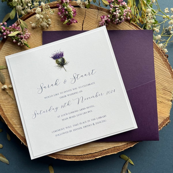Flower of Scotland Thistle Wedding Invitation Set | Wedding Stationery | Scottish Wedding Invites | Square Pocket Invitations
