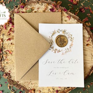 Cachet de cire rustique réservez votre date, faire-part de mariage, réservez notre date, invitation couronne de fleurs sauvages, papeterie de mariage marron kraft, faire-part rustique