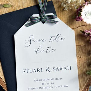 Cartes d'invitation de mariage tartan, réservez notre date pour le jour du mariage, invitations de mariage écossais, papeterie de mariage rustique