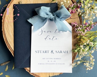 Dusty Blue Save the Date | Luggage Tag Invites | Save our Date for Wedding Day | Silk Ribbon Wedding Invites | Rustic Wedding Stationery