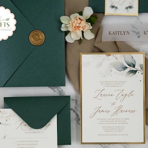 Green and Gold Wedding Invitations with Vellum Belly Band, Botanical Wedding Stationery with RSVP, Customised Invites for Dream Wedding