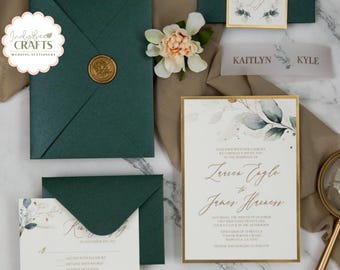 Green and Gold Wedding Invitations with Vellum Belly Band, Botanical Wedding Stationery with RSVP, Customised Invites for Dream Wedding