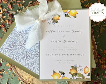 Lemon Wedding Invitation with Silk Ribbon, Lemon Watercolour Design, Mediterranean Destination Wedding Invite with Tile Liner & Wax Seal
