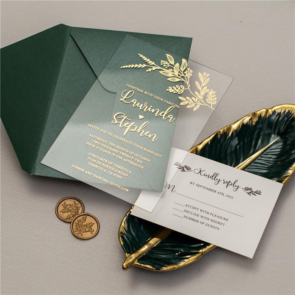 Gold Foil on Acrylic Wedding Invitation Set Emerald Green image 1