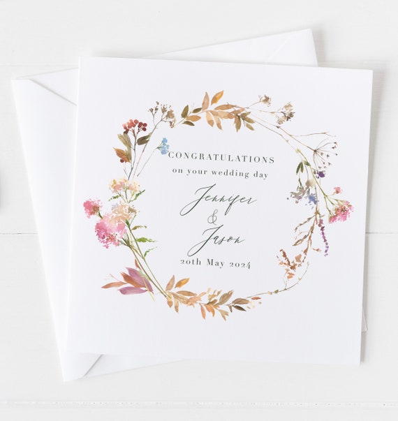 Wedding Greetings Card Wildflower Floral Congratulations To The New Mr & Mrs | Square Congratulations Wedding Card For Bride And Groom For Wedding Day - View #12