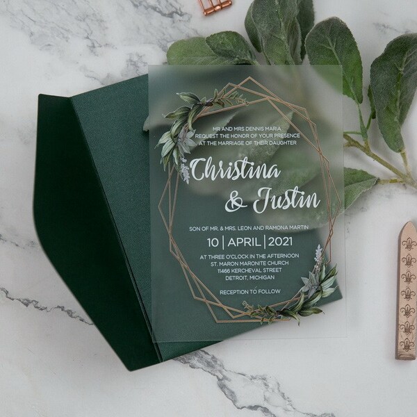 Greenery Frosted Acrylic Wedding Invitation, Frosted Acrylic Wedding Stationery, Perspex, 2mm Acrylic, Emerald Green Envelope