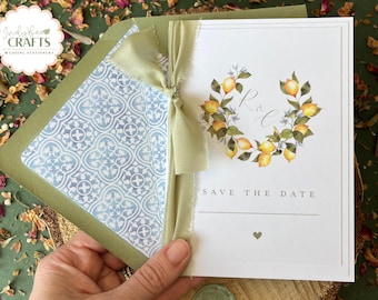 Book Style Save the Date, Lemon Wreath & Sage Ribbon, Mediterranean Tile Design, Folded Wedding Save the date, Destination Italy Wedding