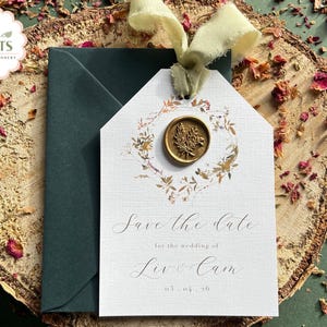 Wildblumenkranz Save the Date, Jägergrün-Hochzeit, Wachssiegel-Hochzeit lädt ein, Hochzeit-Briefpapier