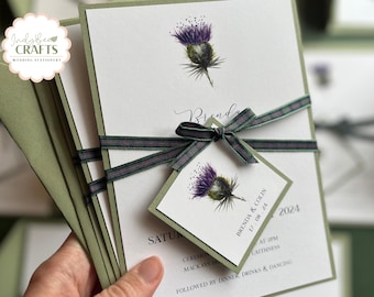 Minimal Thistle Wedding Invitation Set, Rustic Sage Green Backing, Tartan Ribbon & Thistle Tag, Scottish Wedding