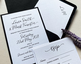 Conjunto de invitación de boda negro elegante / Invitación A6 con sobre y RSVP / Papelería de boda clásica en blanco y negro