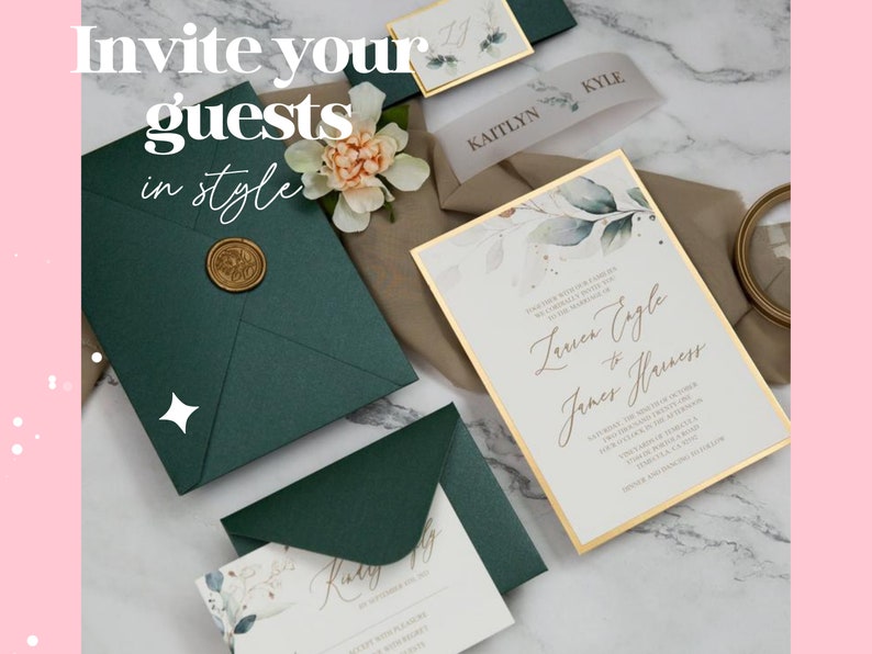 Green and Gold Wedding Invitations with Vellum Belly Band, Botanical Wedding Stationery with RSVP, Customised Invites for Dream Wedding image 8