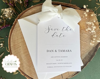 Silk Ribbon Save the Date, Luggage Tag Invites, Save our Date for Wedding Day, Silk Ribbon Wedding Invites, Rustic Wedding Stationery