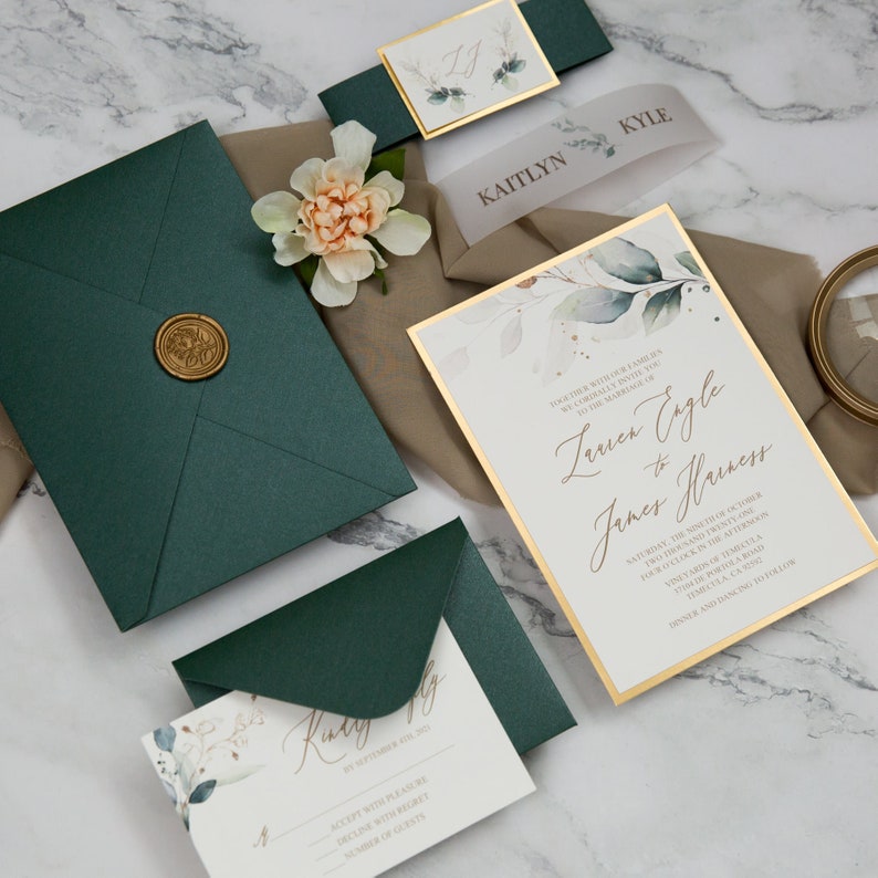 Green and Gold Wedding Invitations with Vellum Belly Band, Botanical Wedding Stationery with RSVP, Customised Invites for Dream Wedding image 3