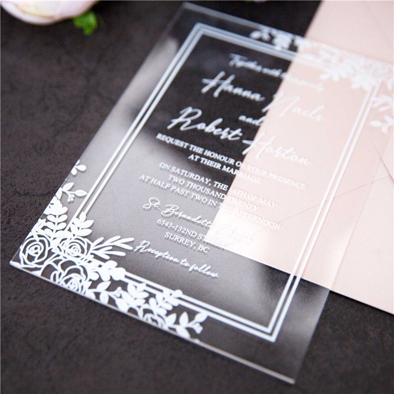White Floral Acrylic Wedding Invitation 2mm Clear Perspex Etsy