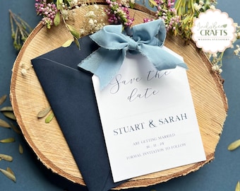 Save the Date Cards,  Luggage Tag Invites, Save our Date for Wedding Day, Silk Ribbon Wedding Invites,  Rustic Wedding Stationery