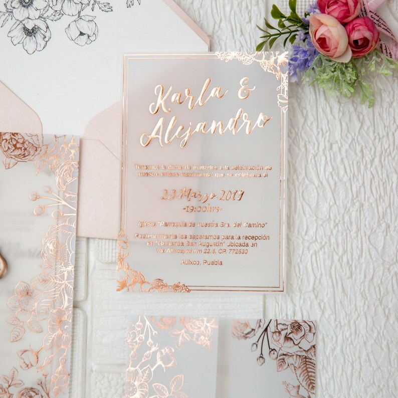 Copper Foil Botanical Vellum Paper Pocket Wedding Invitation Etsy UK