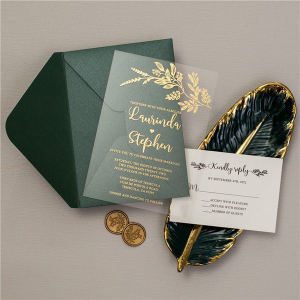 Gorgeous Gold Screen Printed Wedding Stationery Set, Wedding Invitations, Emerald Green Envelope