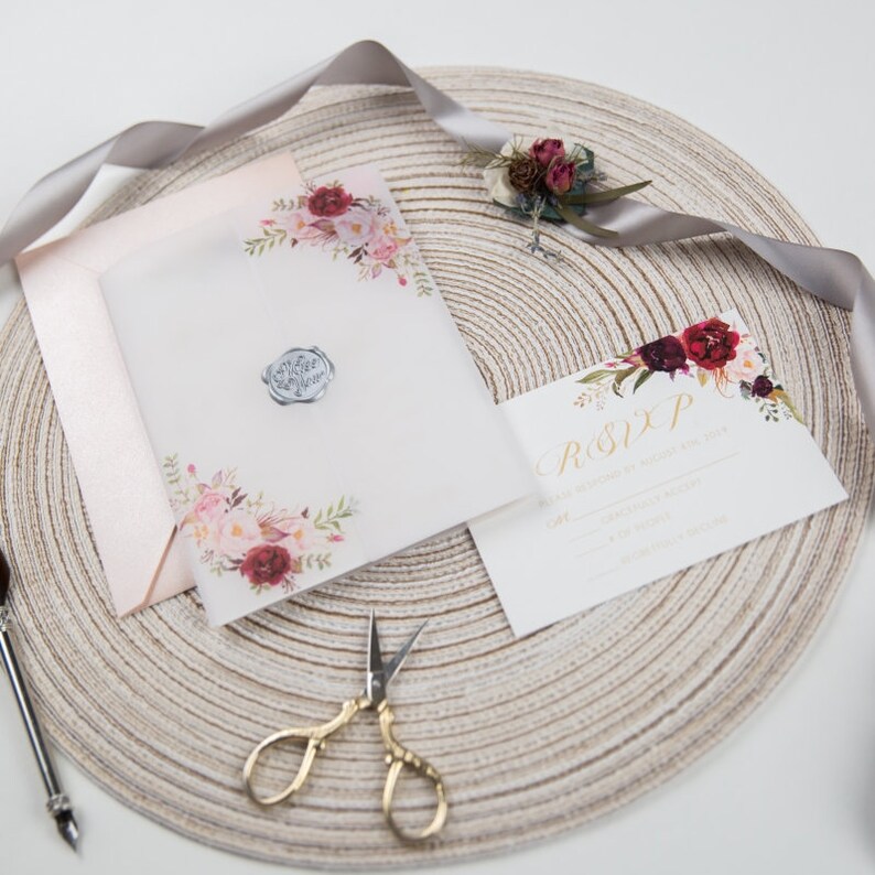 Burgundy Floral Vellum Paper Pocket Wedding Invitation Etsy