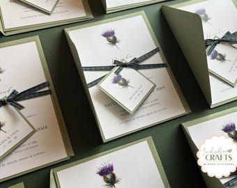 Minimal Thistle Wedding Invitation Set, Rustic Sage Green Backing, Tartan Ribbon & Thistle Tag, Scottish Wedding