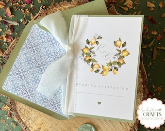 Lemon Book Style Wedding Invitation, Lemon Watercolour & Silk Ribbon, Mediterranean Destination Wedding Invite with Wax Seal, Envelope Liner