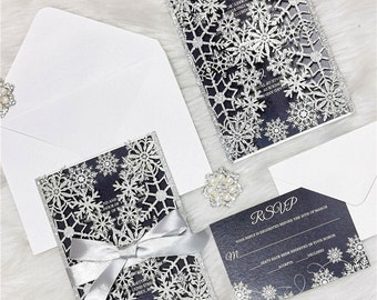 Winter wedding invitations, silver glitter snowflakes, deep navy blue accent with white writing, luxury satin ribbon, rsvp included