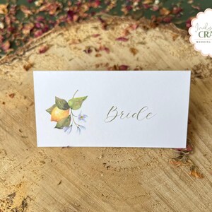 Lemon Wedding Name Place Cards, Botanical Table Name Cards for Mediterranean Wedding, Custom Guest Escort Cards, Handcrafted Place Settings
